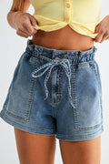 Pull-on denim shorts with elastic waistband and patch pockets - front view
