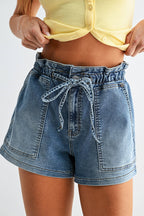 Pull-on denim shorts with elastic waistband and patch pockets - front view
