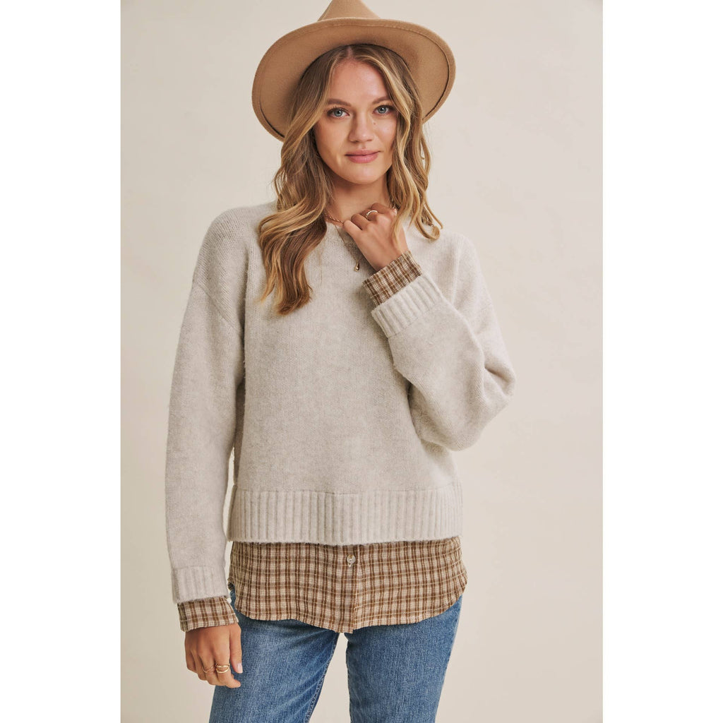 Country Road Layered Plaid Hem Twofer Sweater Top – Light Oatmeal