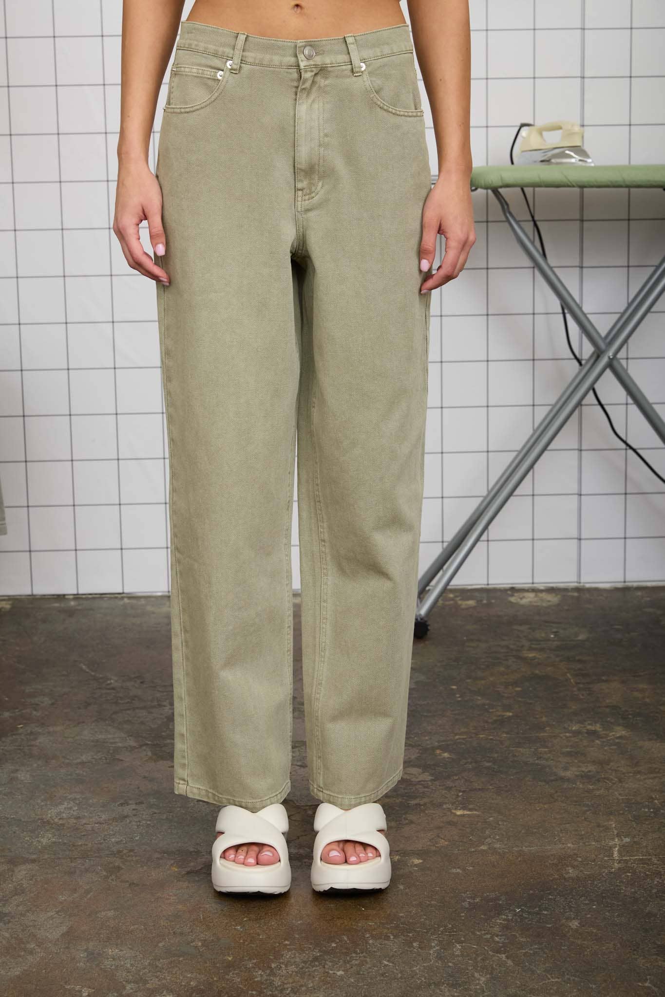 Washed Light Olive Wide Leg Jeans