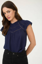 LINE LACE TRIM RUFFLE DETAIL SHORT SLEEVE BLOUSE