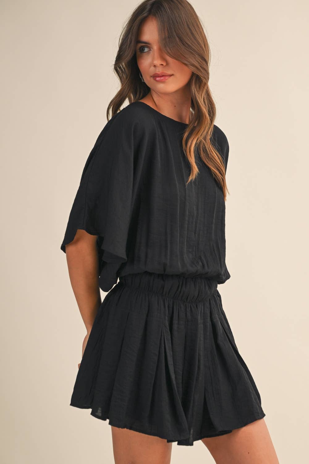 Black Crinkle Short Sleeve Romper