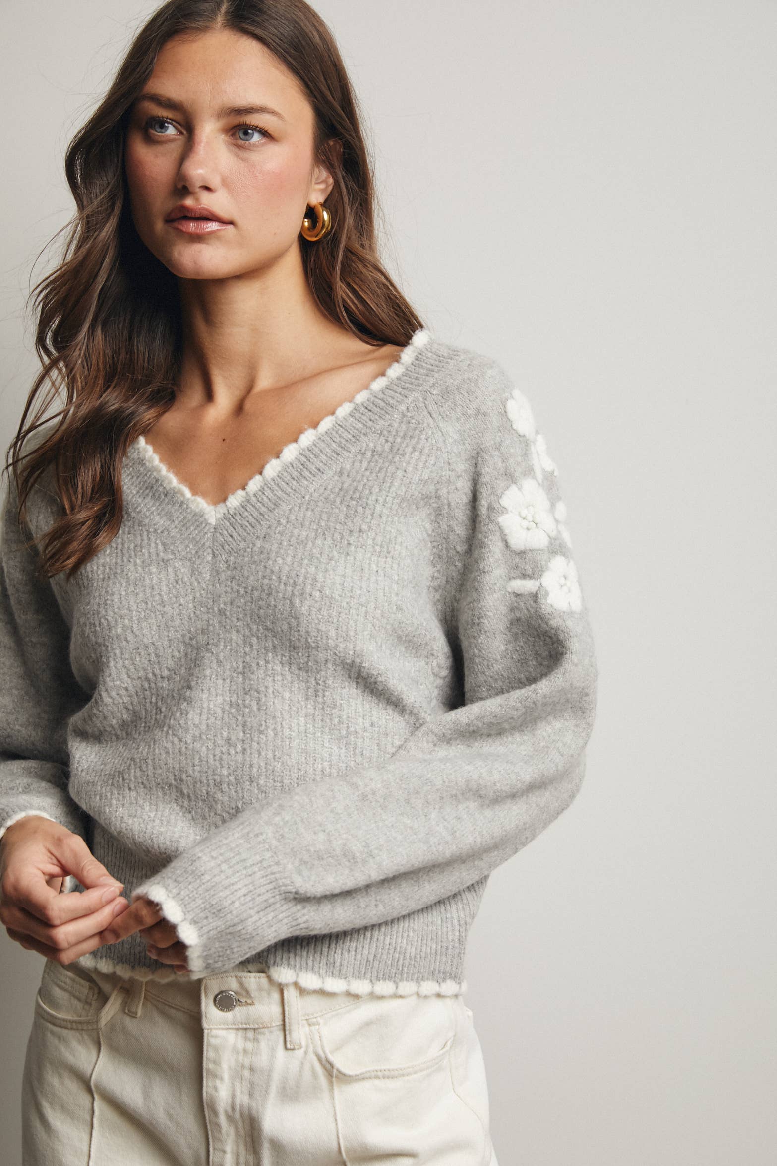 Floral Applique V-Neck Sweater