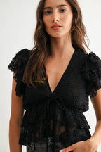 Black Lace Ruffled Semi-Sheer Blouse