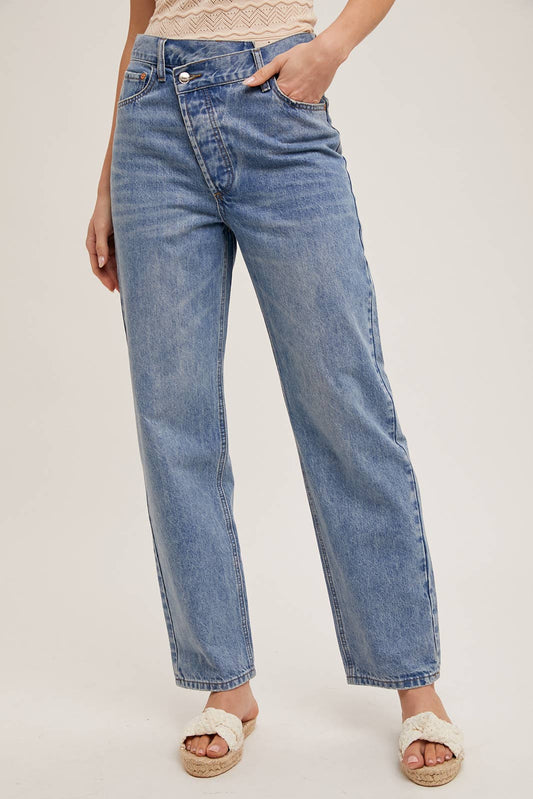 DENIM ASYMMETRICAL WAIST STRAIGHT LEG JEANS