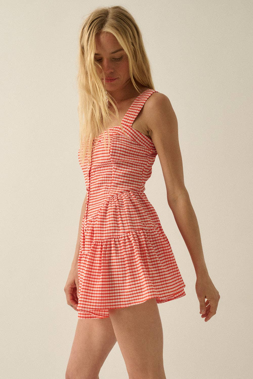 Red Orange Gingham Tiered Ruffle Romper