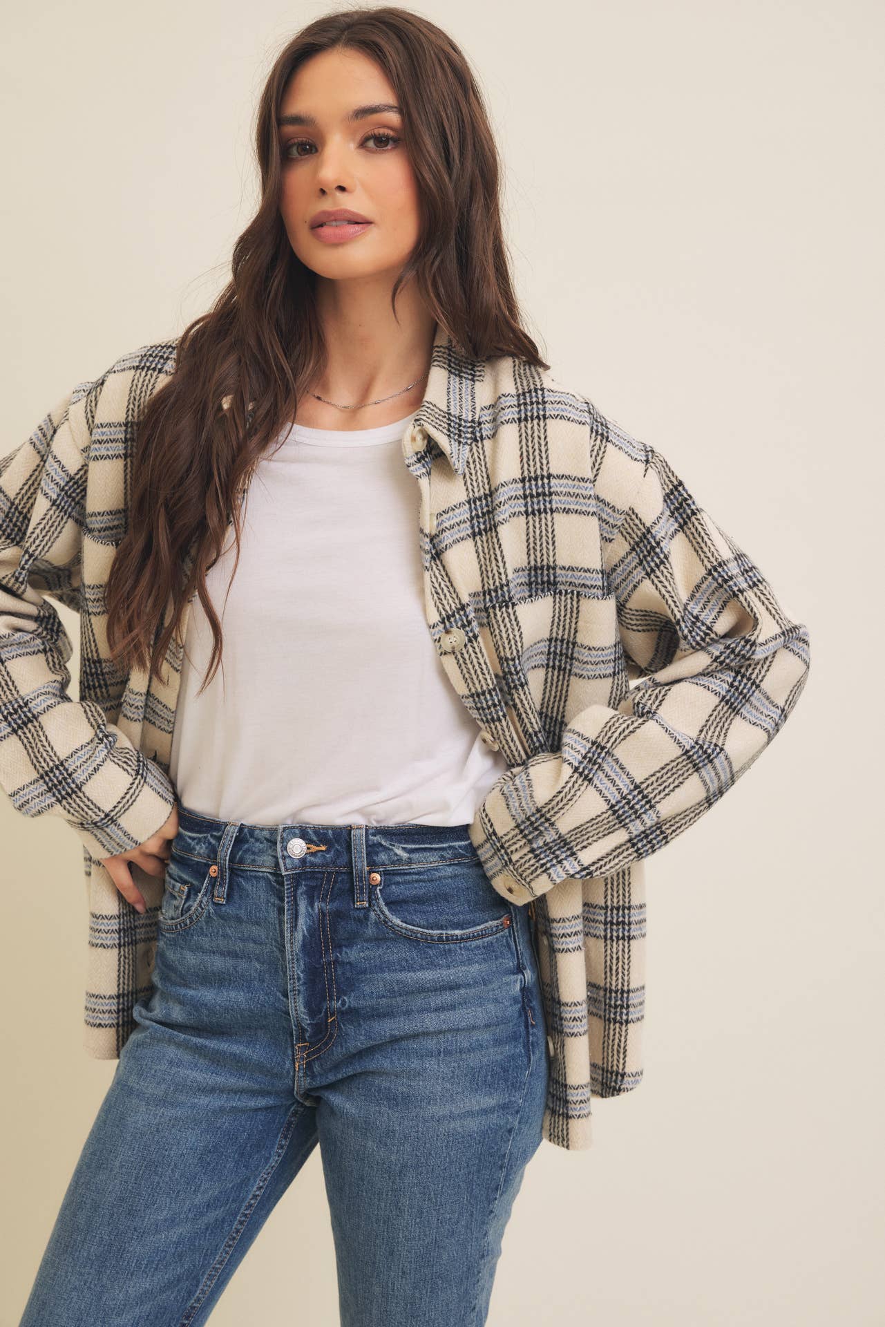 NEUTRAL PLAID SHACKET / POCKETS