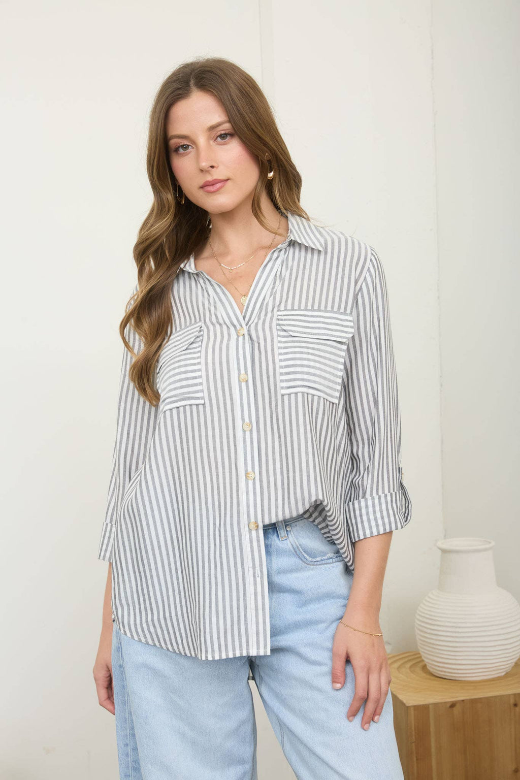 Stripe Collared Button-Down Lightweight Shirt (color options)