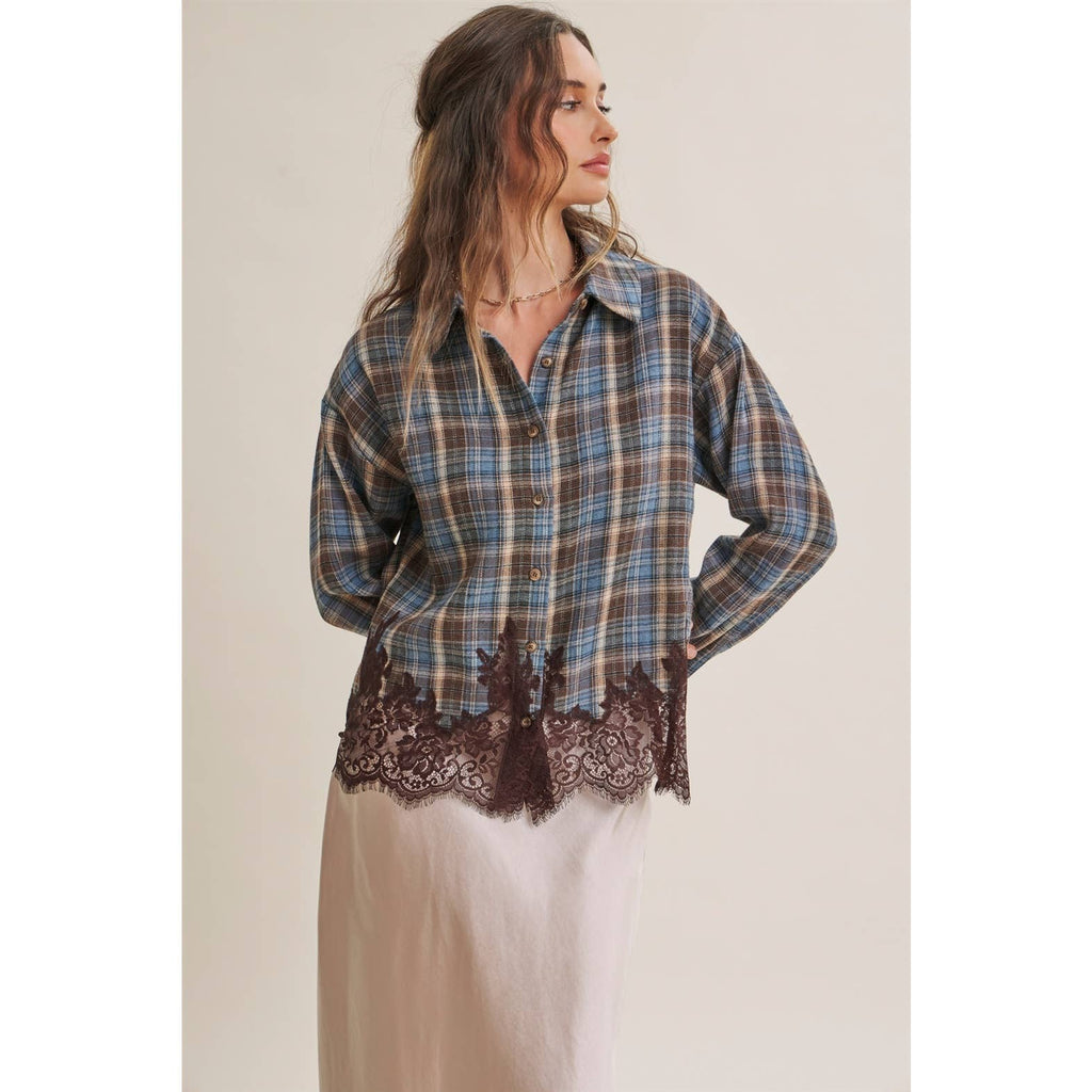 Plaid & Lace Hem Button-Down Shirt – Blue/Brown