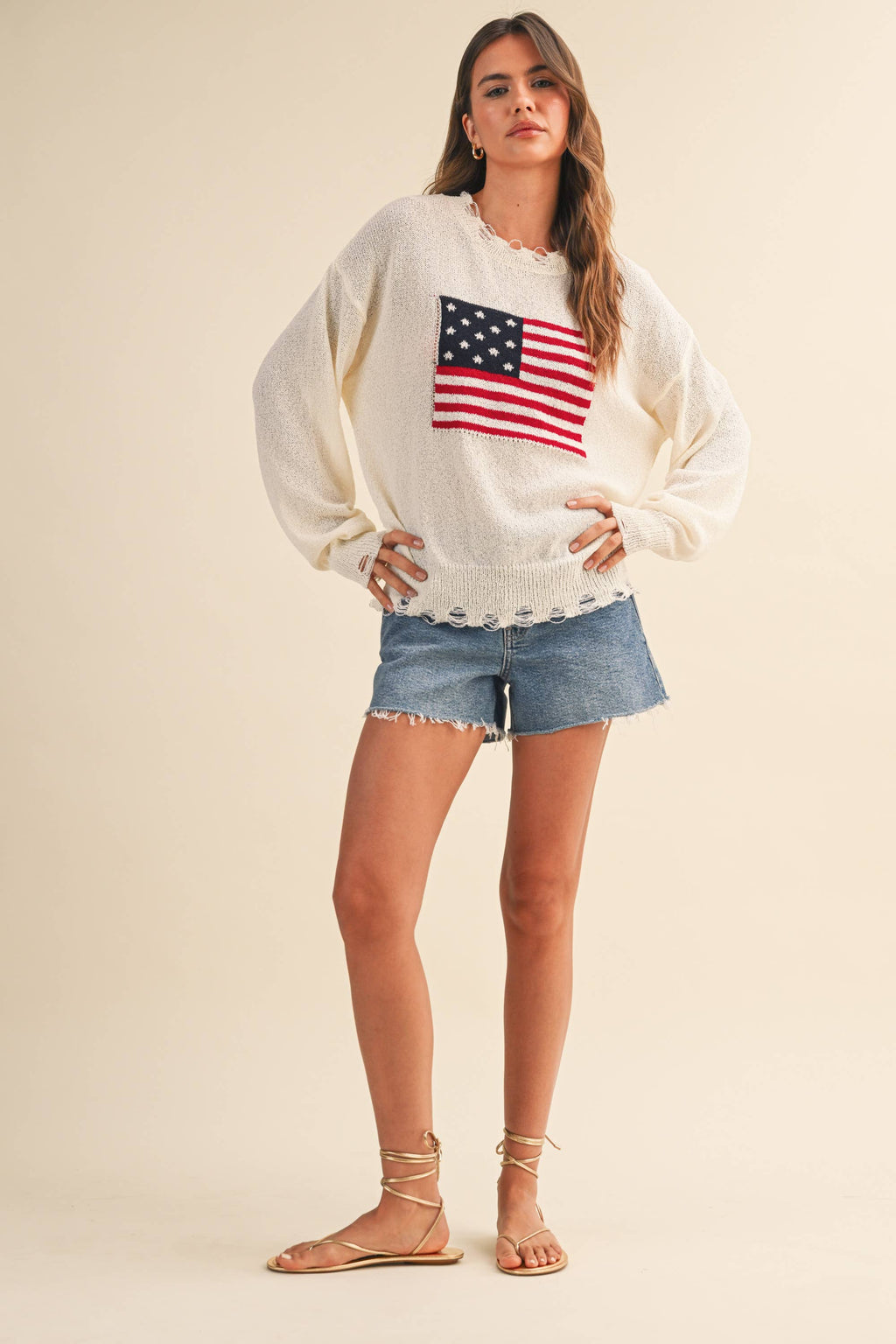 Cream USA Flag Distressed Lightweight Sweater