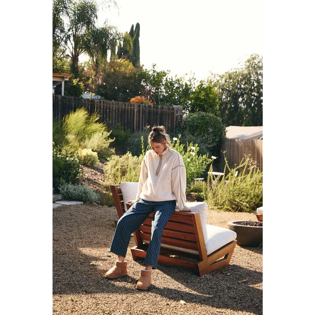 Cozy Cabin Gingham Trim Sherpa Fleece Half-Zip Pullover – Cream