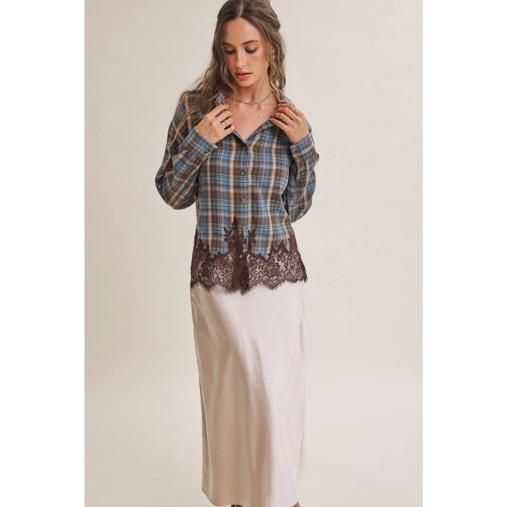 Plaid & Lace Hem Button-Down Shirt – Blue/Brown