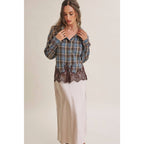 Plaid & Lace Hem Button-Down Shirt – Blue/Brown