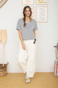Washed Split Neck Raw Edge Knit Top