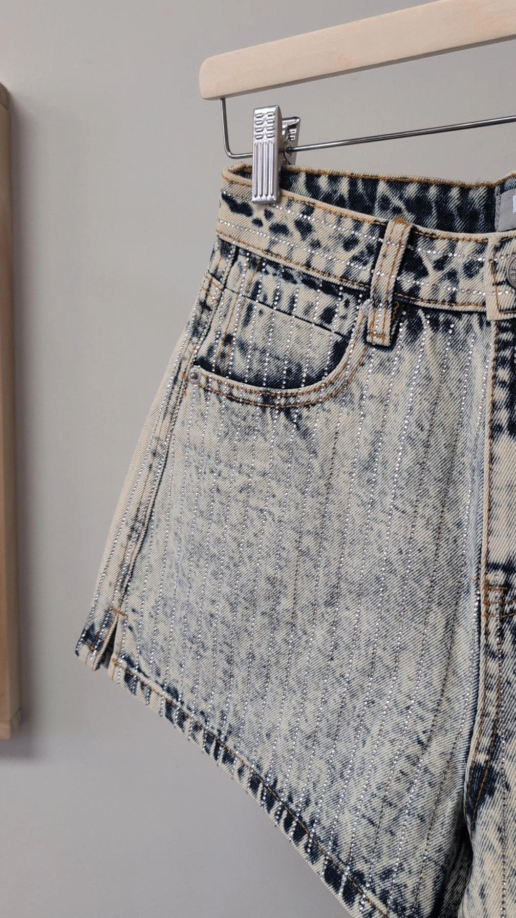 Crystal Embellished Acid Wash Shorts