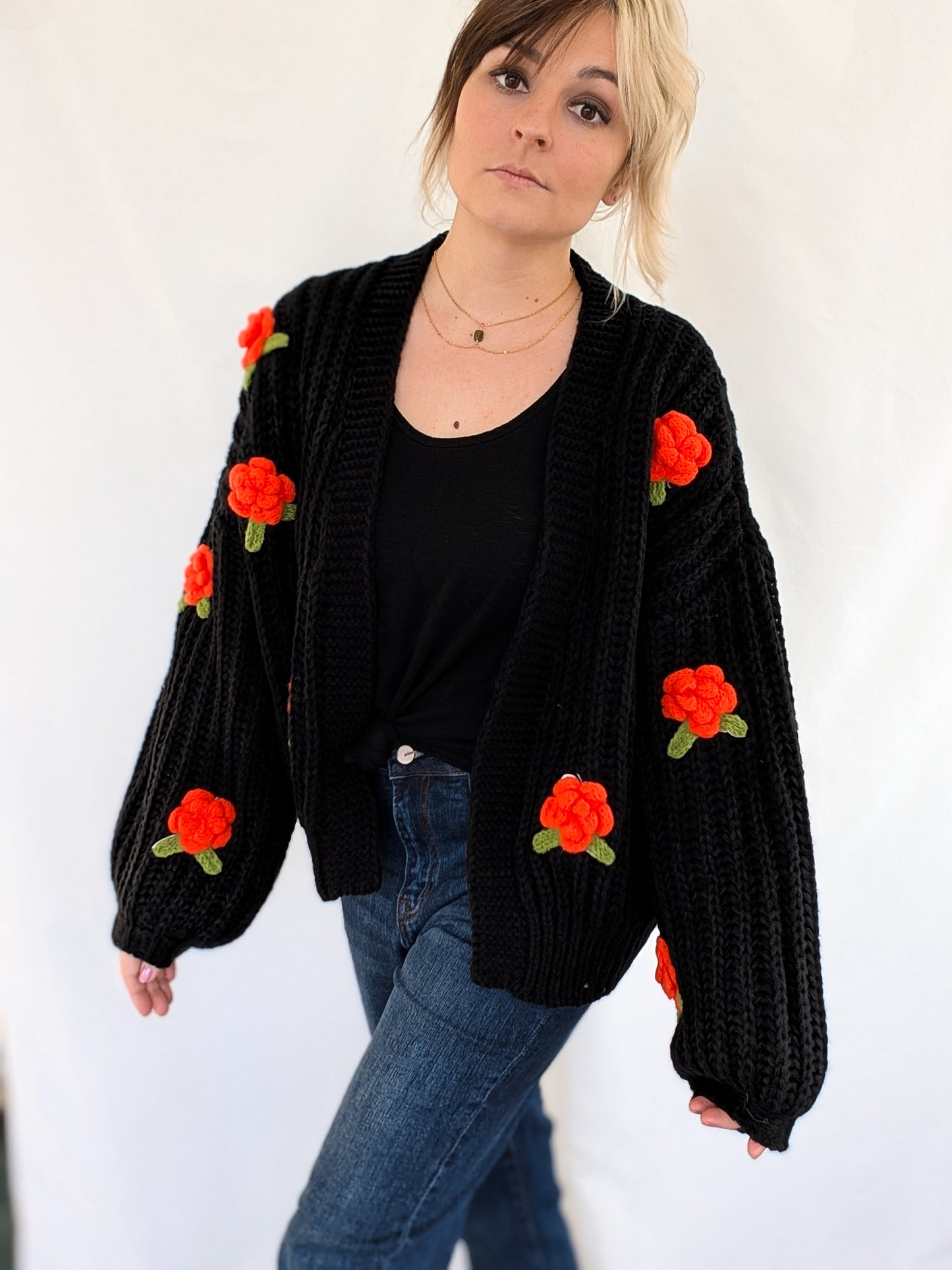 Flower Pom Pom Crop Cardigan