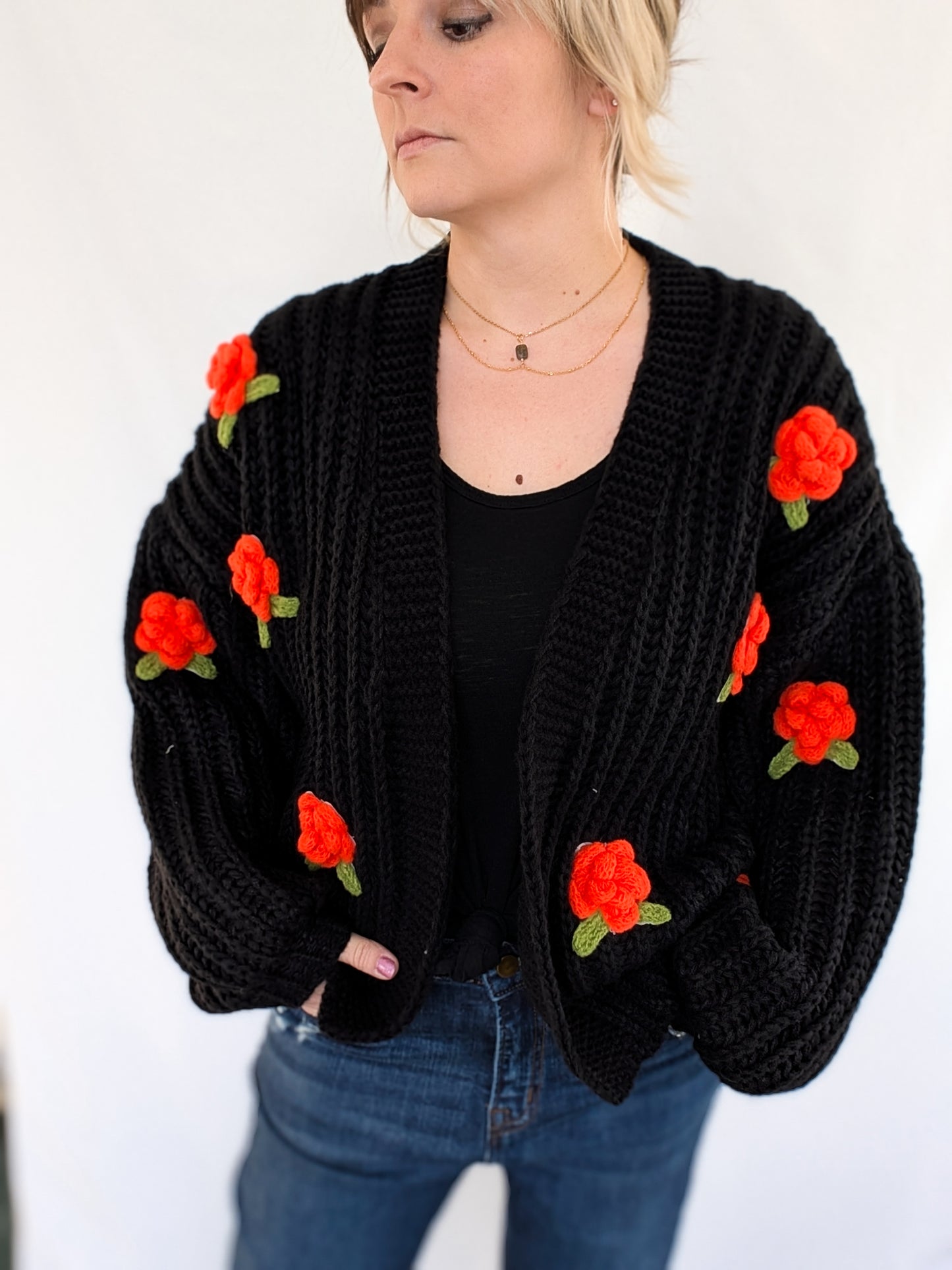 Flower Pom Pom Crop Cardigan