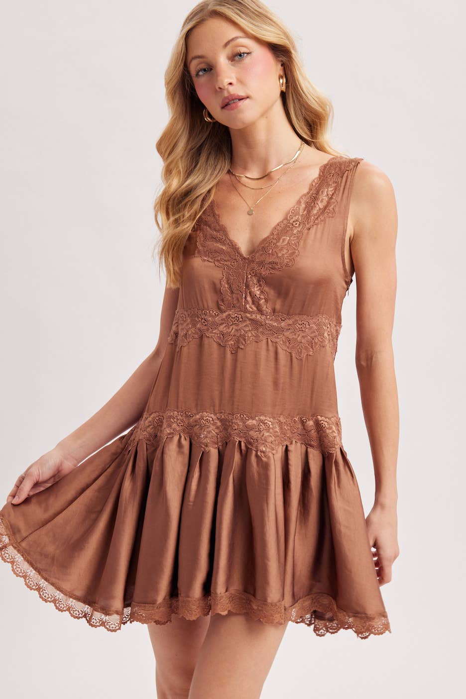Satin Slip Babydoll Mini Dress – Lace Trim V-Neck