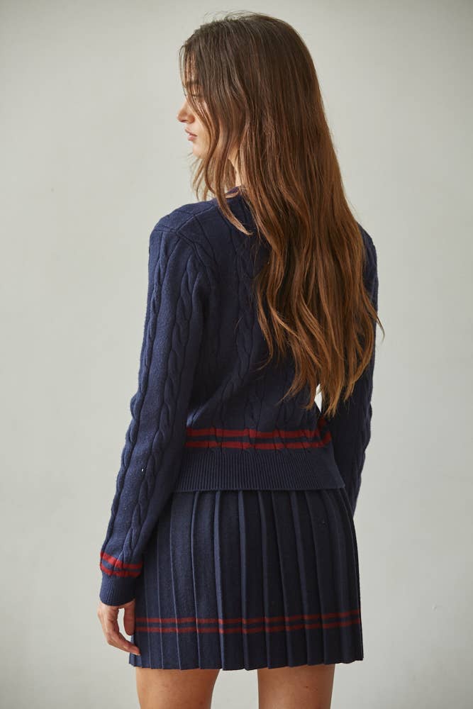 Knit Pleated Mini Skirt With Contrast Striped Hem