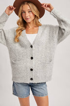 Button Down Fuzzy Heathered Knit Sweater Cardigan