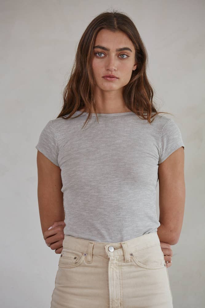 Knit Ribbed Short Sleeve Open Back Bodysuit