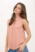 COLLARED BUTTON DOWN SLEEVELESS SHIRT