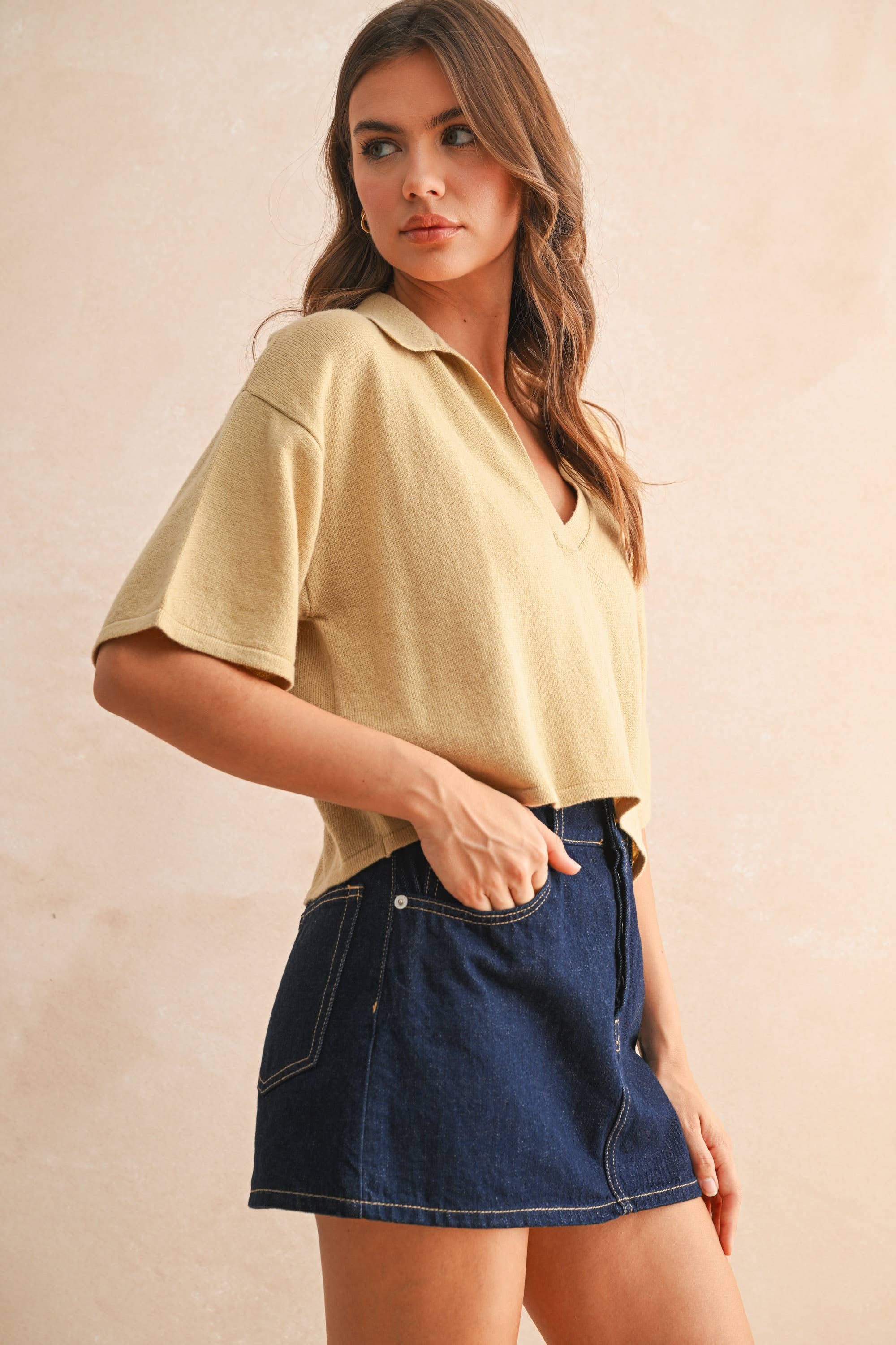 V-NECK CROP POLO SHIRT
