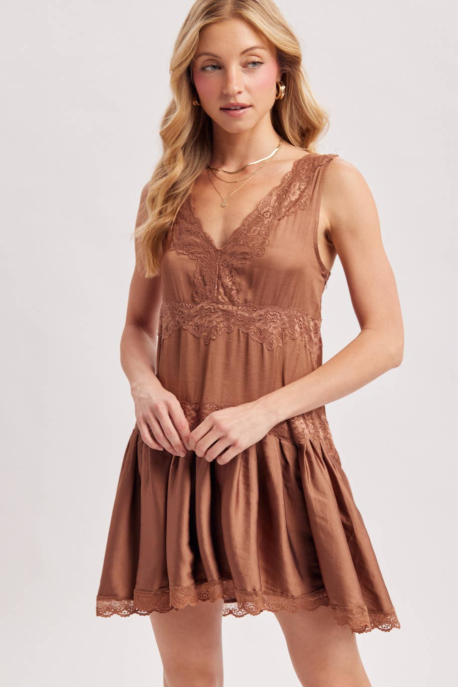 Satin Slip Babydoll Mini Dress – Lace Trim V-Neck