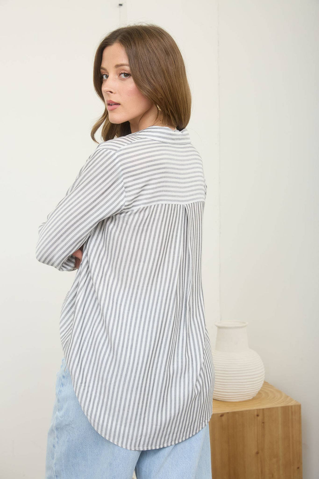 Stripe Collared Button-Down Lightweight Shirt (color options)