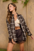 Plaid Collared Long Sleeve Button-Down Top – Chocolate Brown