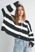 Striped V-Neck Cardigan with Buttons