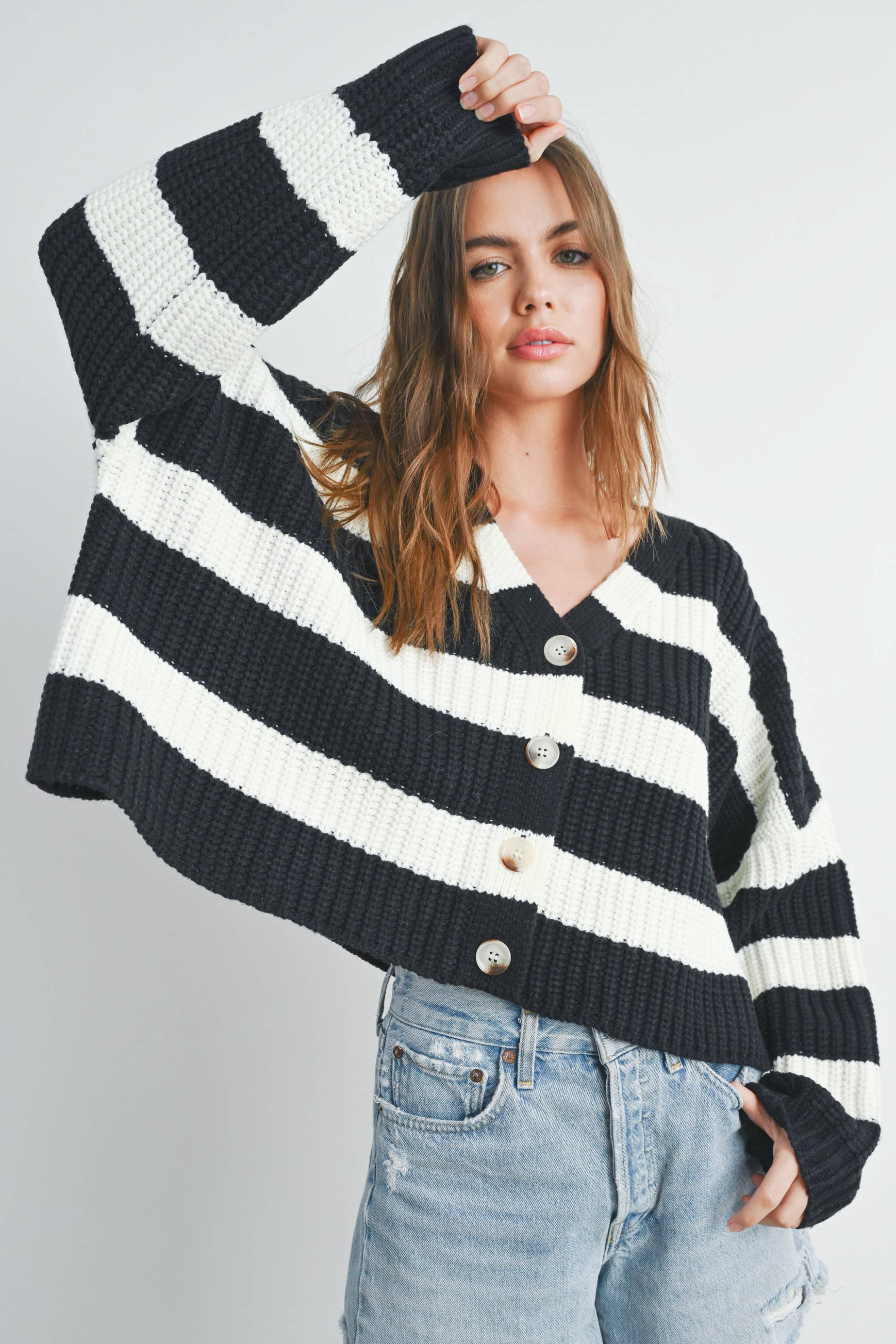 Striped V-Neck Cardigan with Buttons