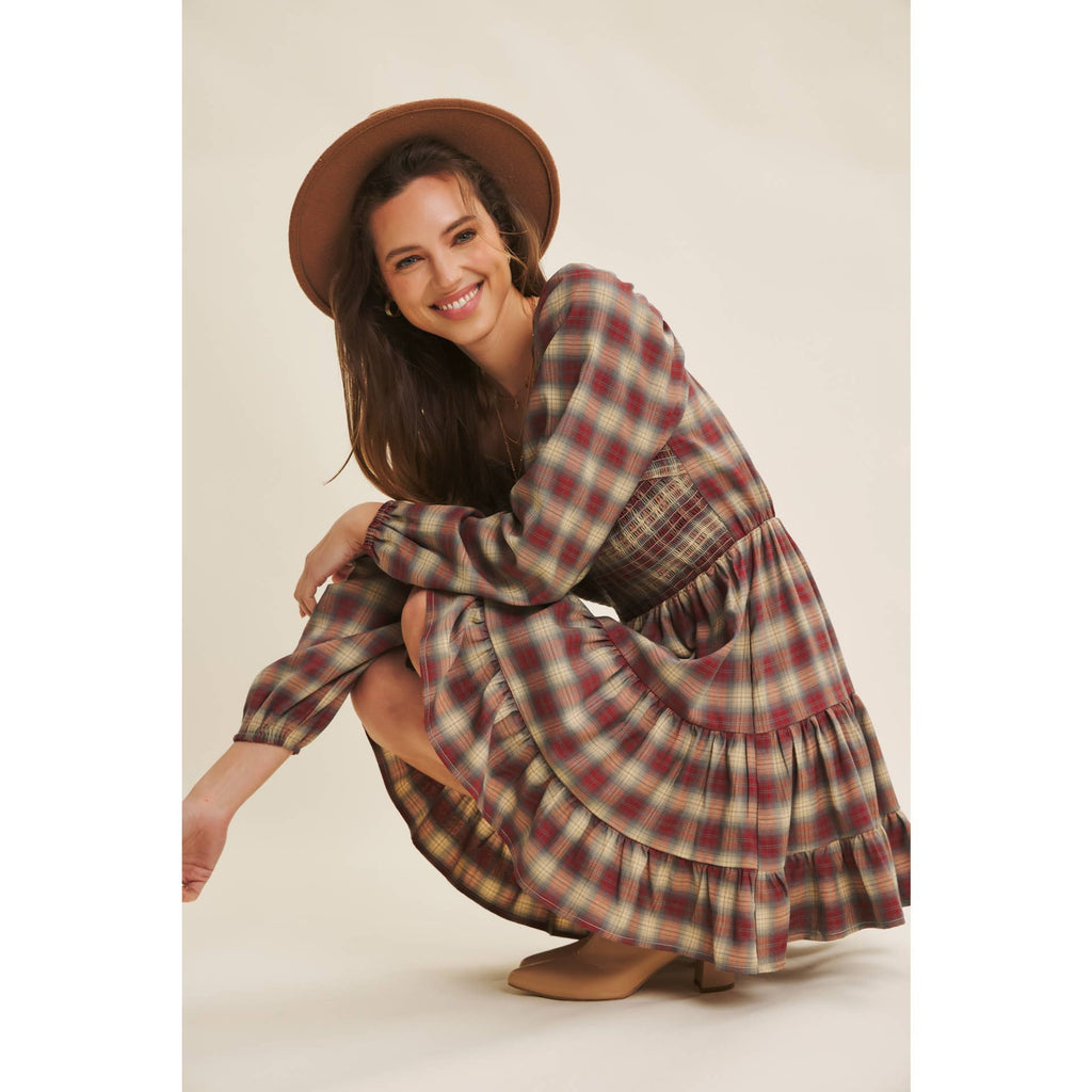 PLAID MINI SMOCKED DRESS WITH RUFFLES