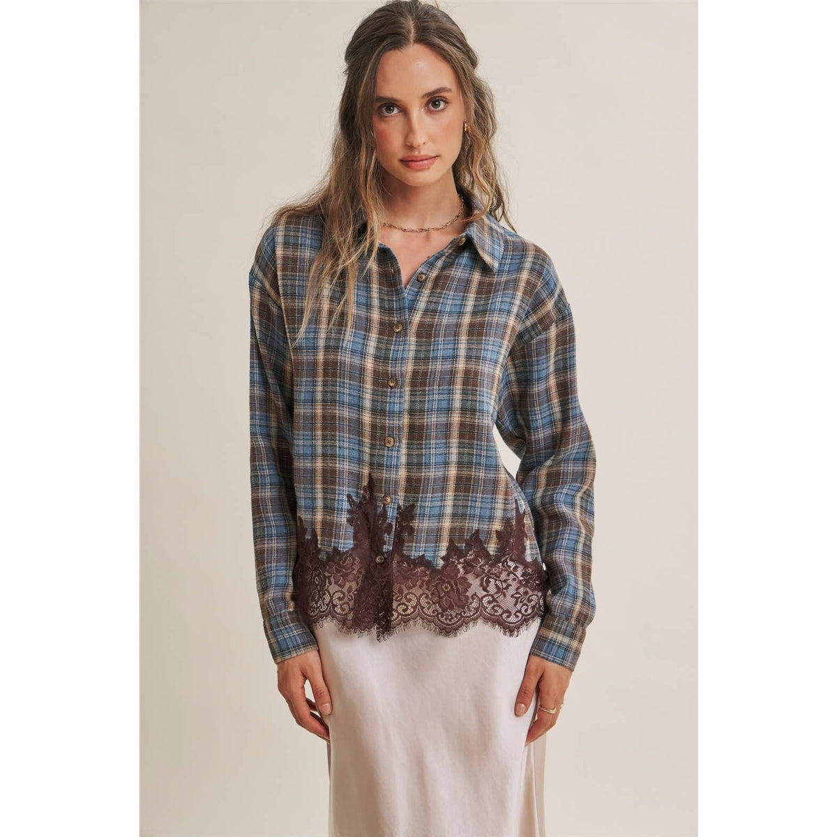 Plaid & Lace Hem Button-Down Shirt – Blue/Brown
