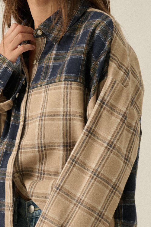 Colorblock Plaid Flannel Button-Up Shirt – Sand/Midnight