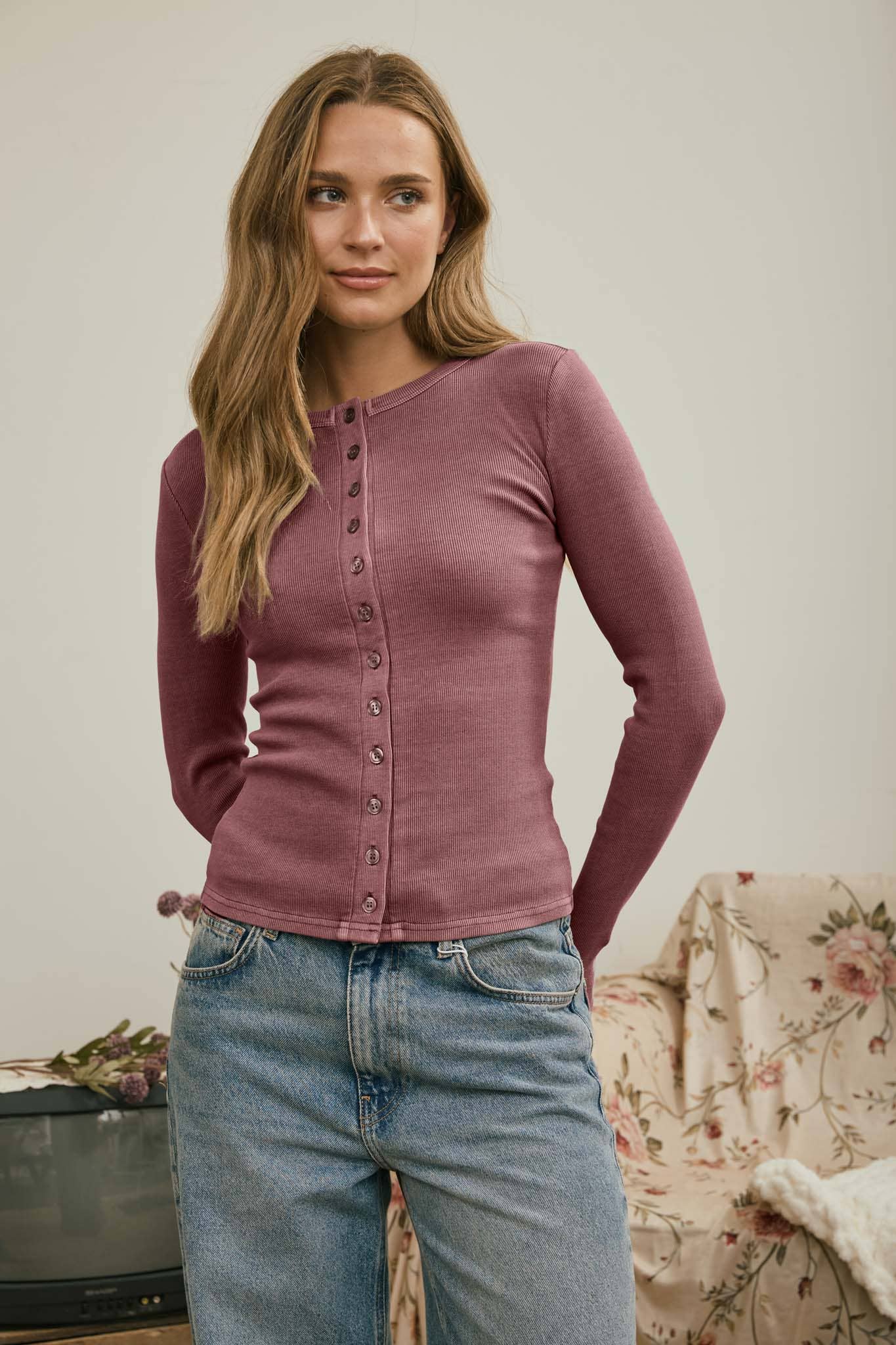 Button Front Round Neck Knit Top