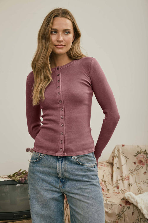 Button Front Round Neck Knit Top