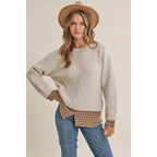 Country Road Layered Plaid Hem Twofer Sweater Top – Light Oatmeal