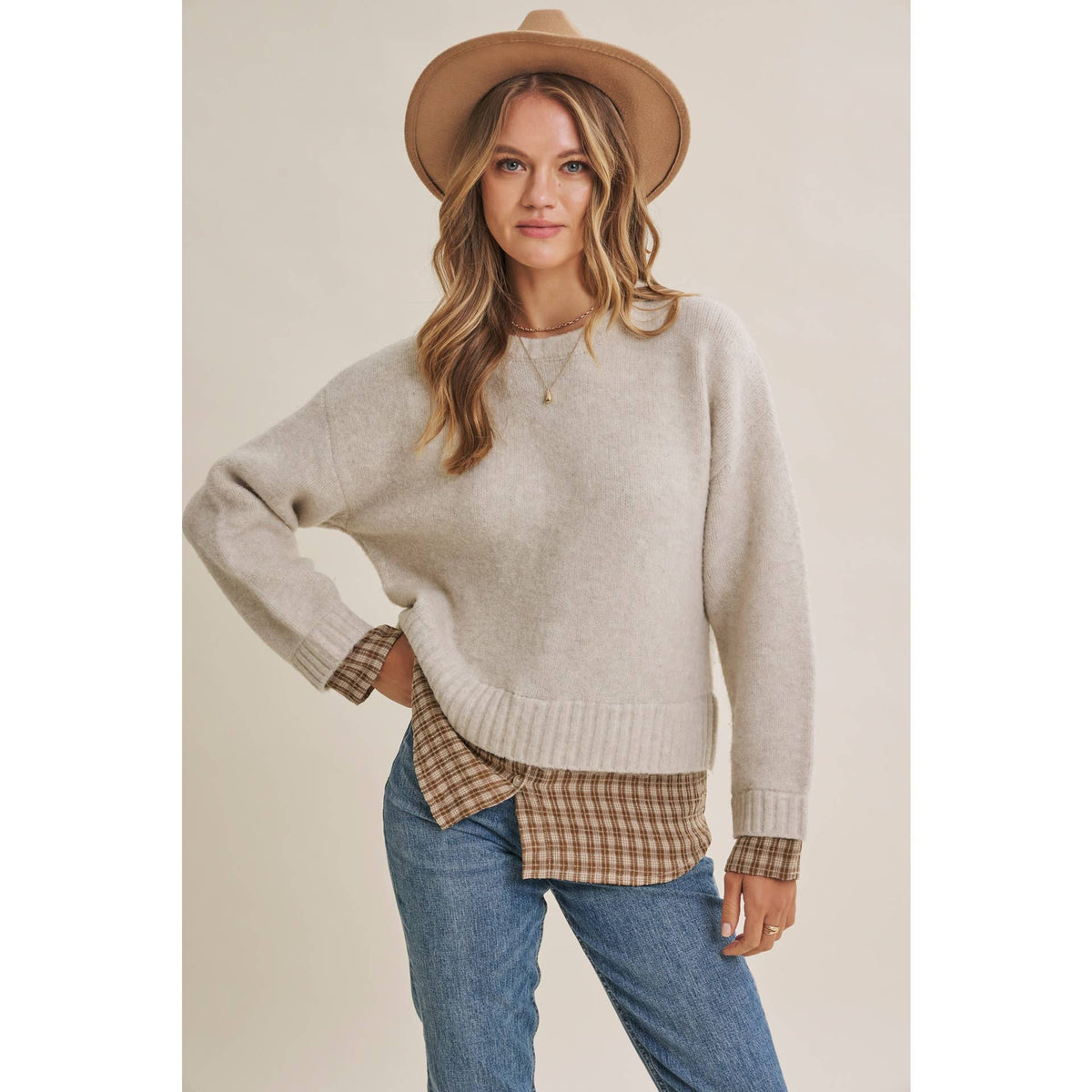 Country Road Layered Plaid Hem Twofer Sweater Top – Light Oatmeal