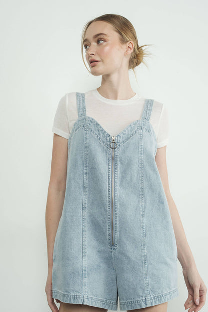 DENIM SLEEVELESS ROMPER WITH FRONT ZIPUP