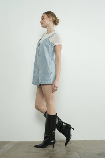 DENIM SLEEVELESS ROMPER WITH FRONT ZIPUP
