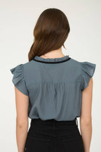 CONTRAST FRONT TIE DETAIL SHORT SLEEVE BLOUSE