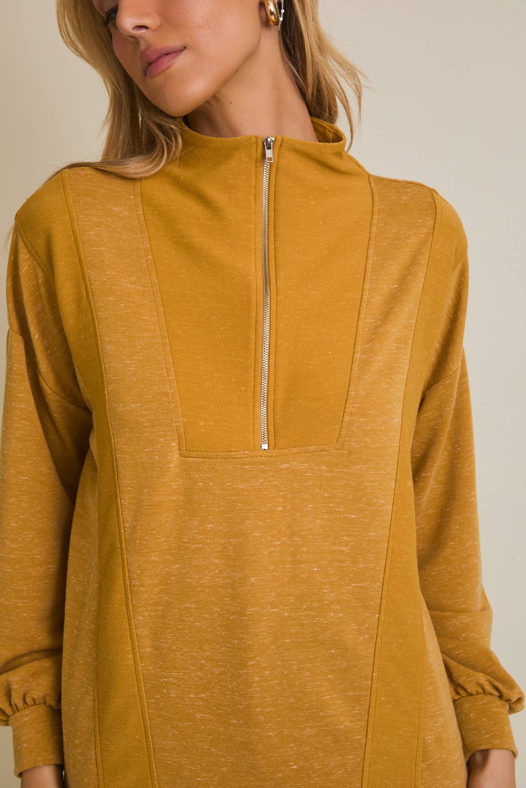 Long Sleeve Half Zip Reverse Fabric Contrast Top – Mustard