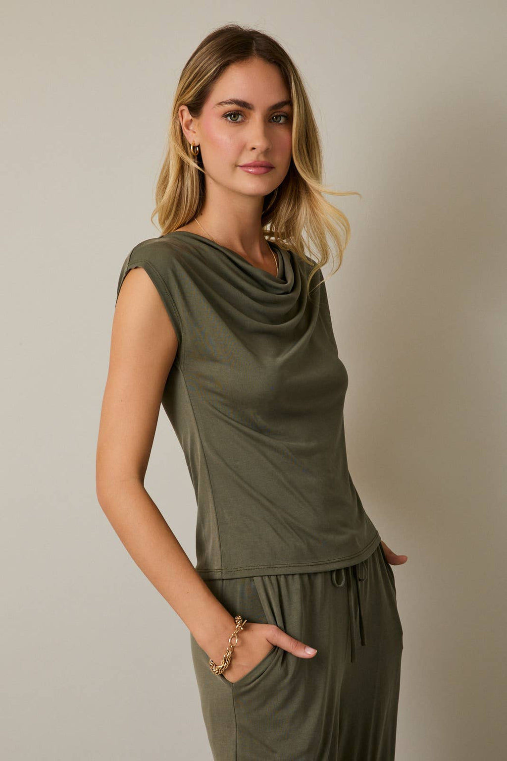 Cowl Neck Cap Sleeve Top - Draped Neckline Blouse