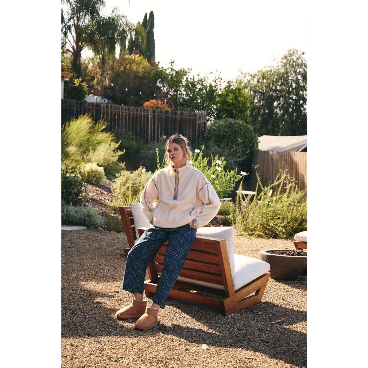 Cozy Cabin Gingham Trim Sherpa Fleece Half-Zip Pullover – Cream