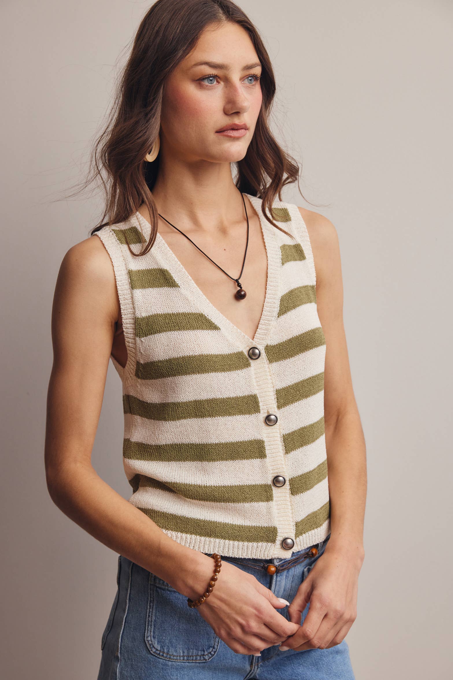 Striped Button-Front Knit Vest Top - Sleeveless Layering Sweater