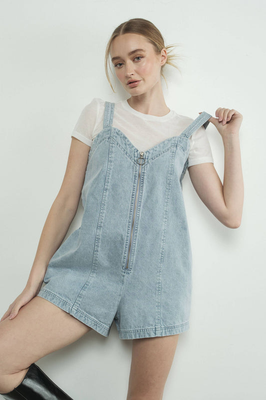 DENIM SLEEVELESS ROMPER WITH FRONT ZIPUP