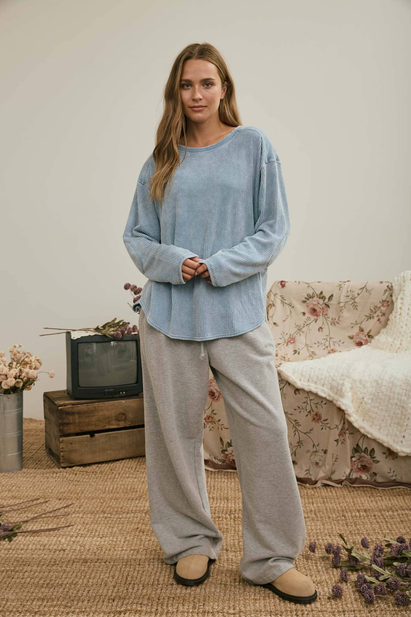 Boxy Textured Long Sleeve Washed Knit Top