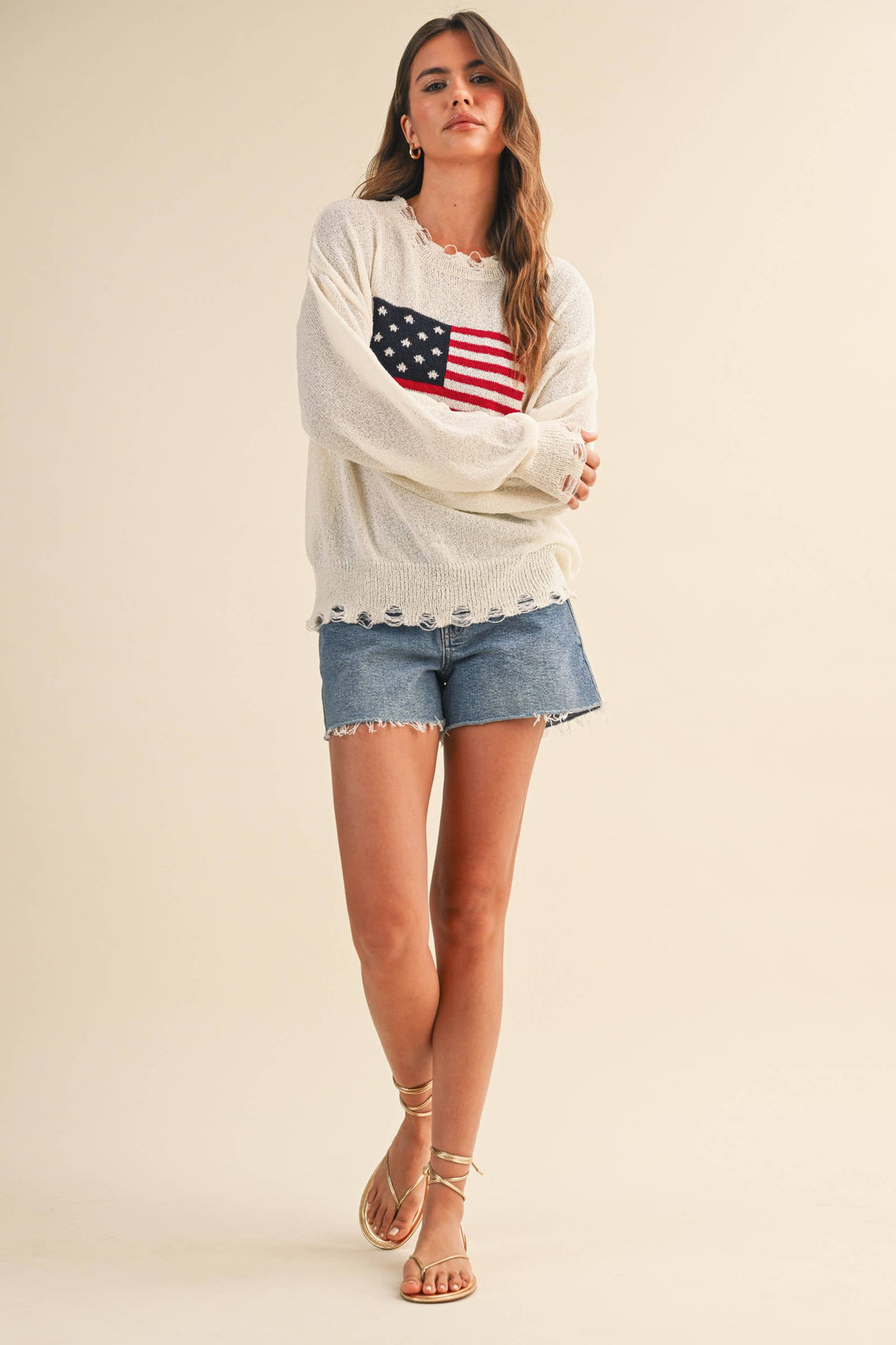 Cream USA Flag Distressed Lightweight Sweater