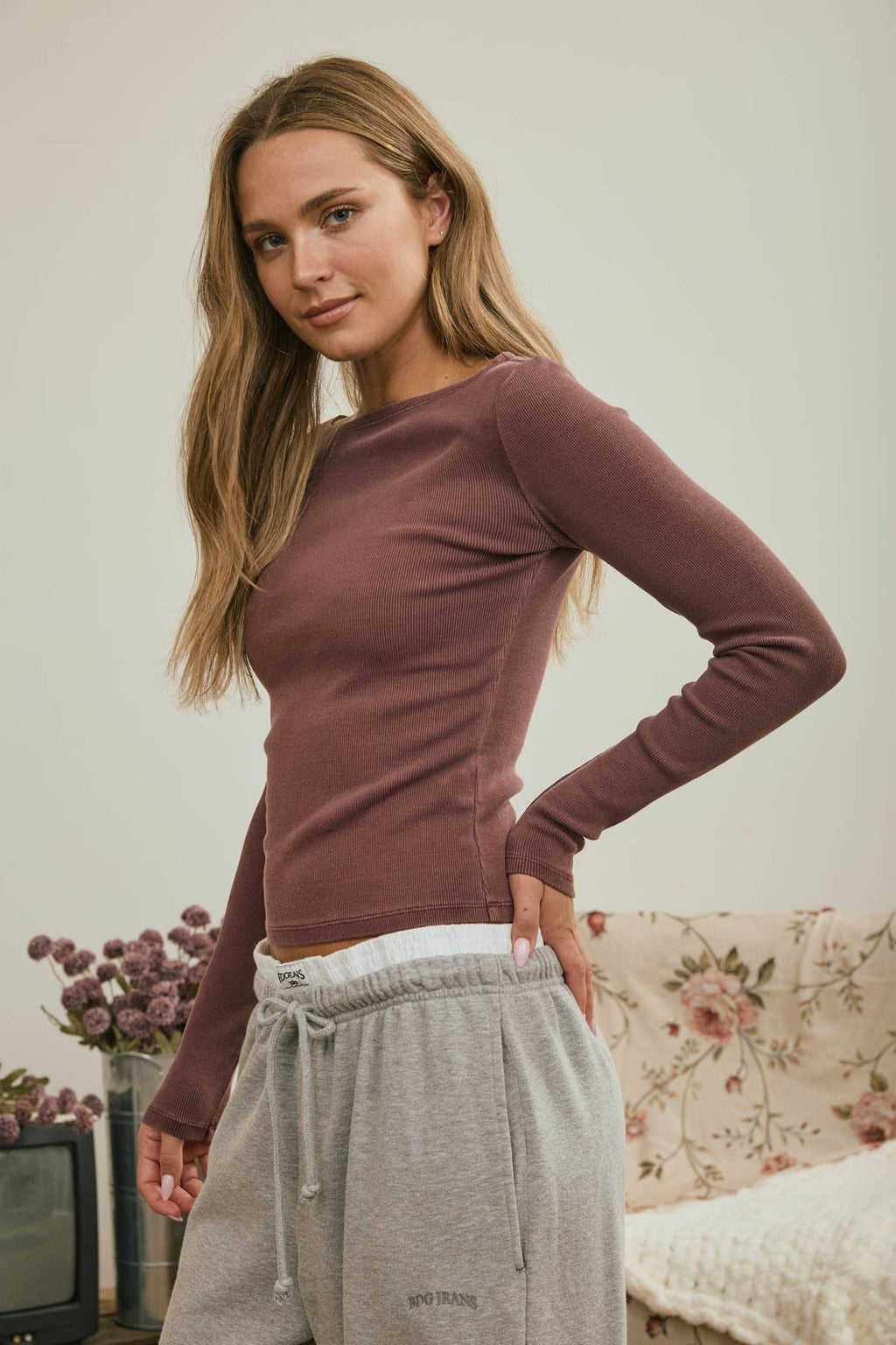 Boat Neck Long Sleeve Ribbed Knit Top – Maroon